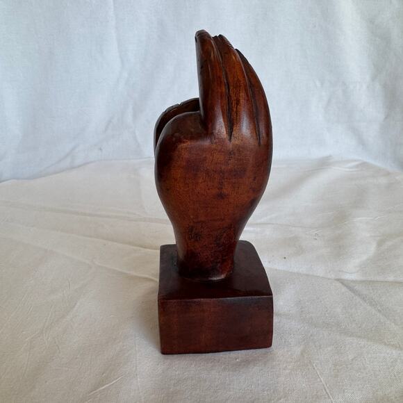 Vintage Walnut Sculpture Hand Symbol OK Gesture Quirky Art - Picture 4 of 9